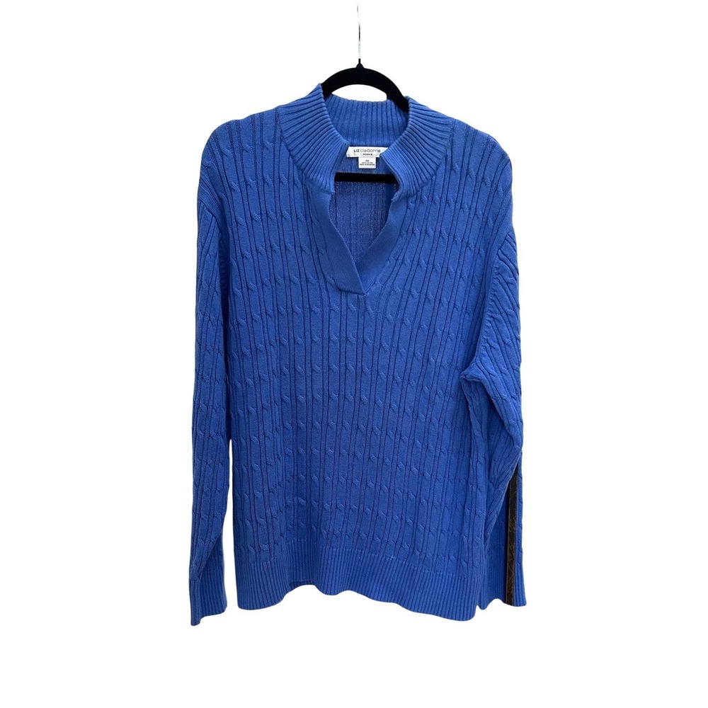 Liz Claiborne Women 3X True Blue Cable Knit Split Mock V Neck Cotton Sweater
